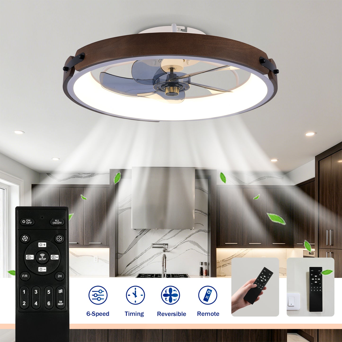 20" Ceiling Fans with Lights Kit (Led) and Remote Control, 3000-6500K Dimmable Modern Flush Mount LED Fan Light, 6 Speeds, Quiet DC Motor For Living room, Bedroom,Kitchen----Walnut+ Black image 9