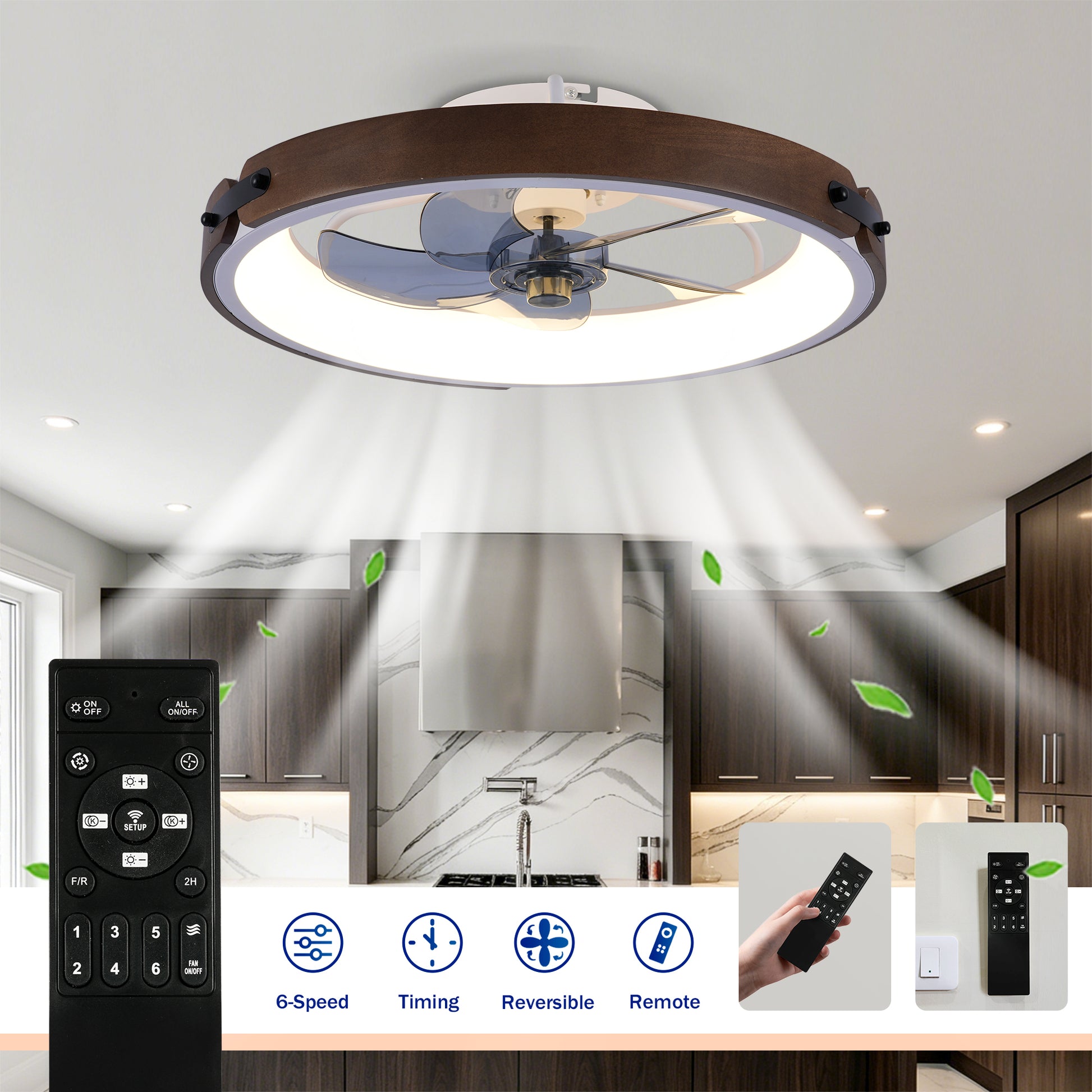 20" Ceiling Fans with Lights Kit (Led) and Remote Control, 3000-6500K Dimmable Modern Flush Mount LED Fan Light, 6 Speeds, Quiet DC Motor For Living room, Bedroom,Kitchen----Walnut+ Black image 9