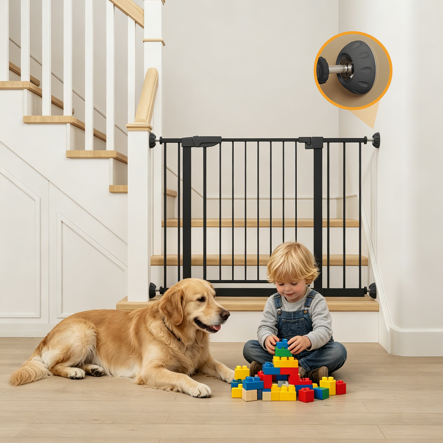 29.5-45.3" Wide Baby Gate with wall protector for Stairs, Dog Gate Indoor for Doorways, No Drilling Pressure Mounted Pet Gates for Kids, Easy Walk Through Safety Gate, Black image 1