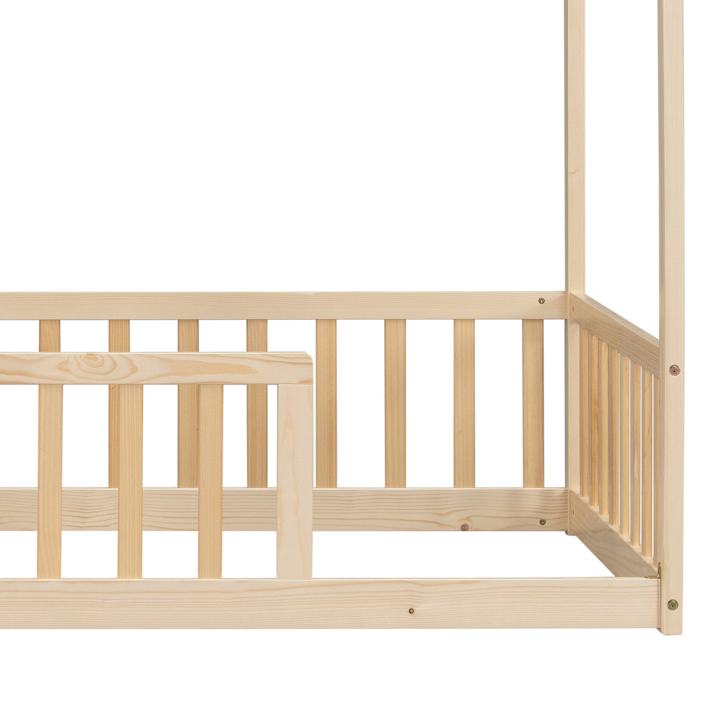 Twin Size House Floor Bed with Roof Frame,Pine Wood Floor Bed with Safety Guardrails,Natural image 10