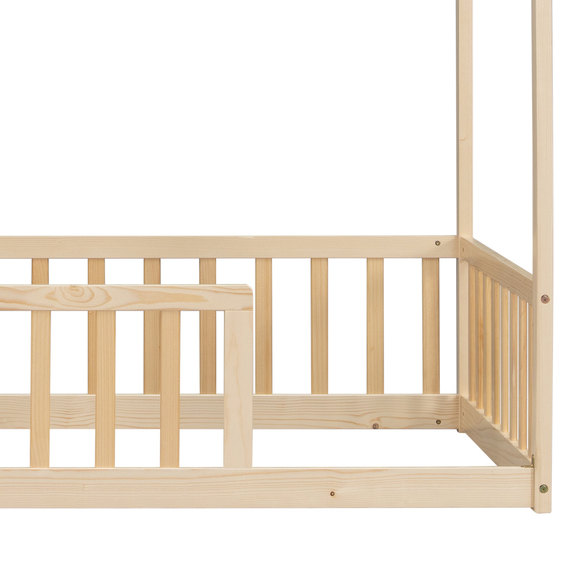 Twin Size House Floor Bed with Roof Frame,Pine Wood Floor Bed with Safety Guardrails,Natural image 10