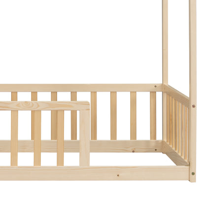 Twin Size House Floor Bed with Roof Frame,Pine Wood Floor Bed with Safety Guardrails,Natural image 10