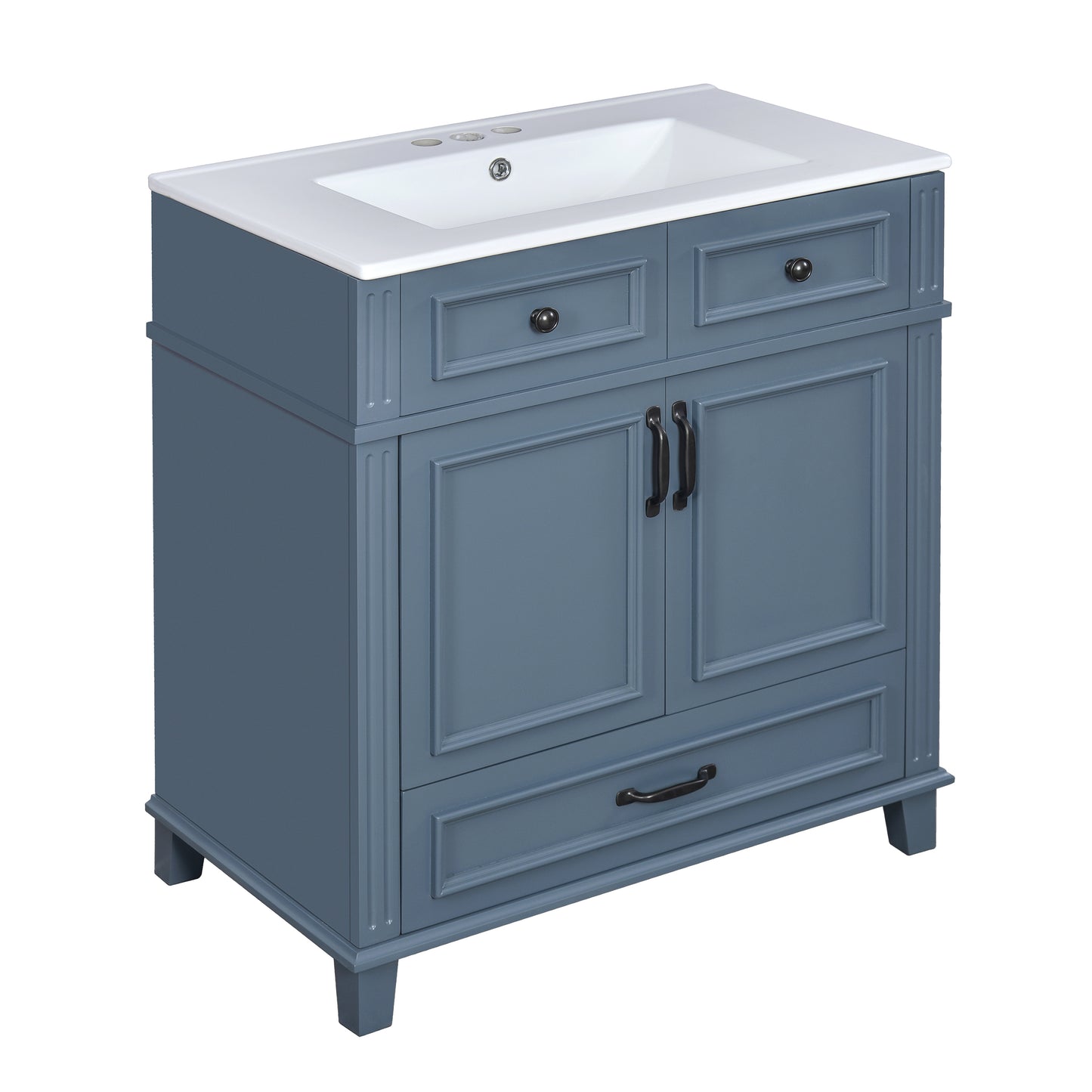 30'' Bathroom Vanity with Ceramic Sink,Solid Wood Frame Bathroom Storage Cabinet with Soft Closing Doors,Retro Style, Blue image 11