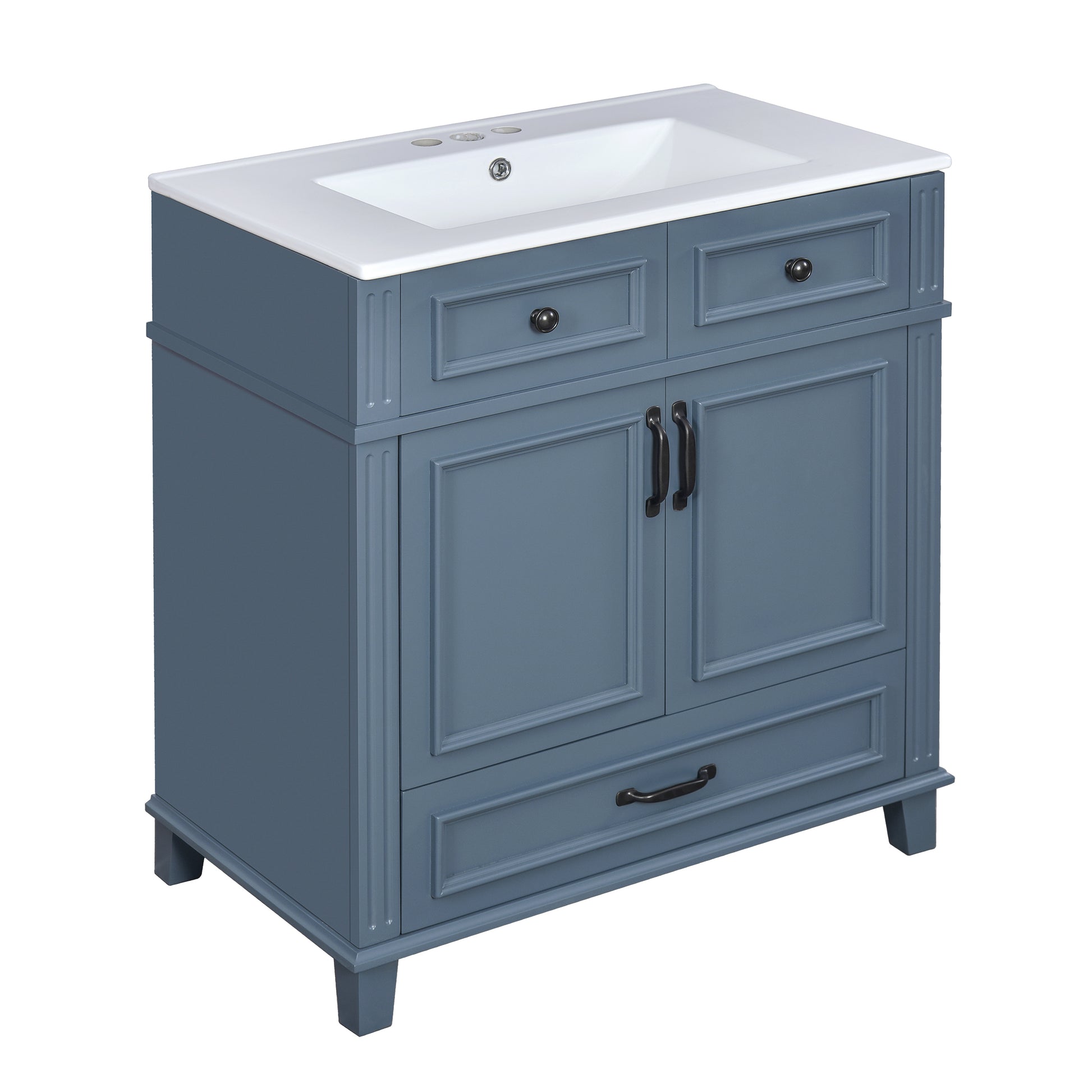 30'' Bathroom Vanity with Ceramic Sink,Solid Wood Frame Bathroom Storage Cabinet with Soft Closing Doors,Retro Style, Blue image 11