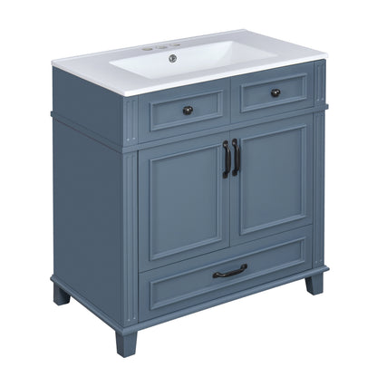30'' Bathroom Vanity with Ceramic Sink,Solid Wood Frame Bathroom Storage Cabinet with Soft Closing Doors,Retro Style, Blue image 11