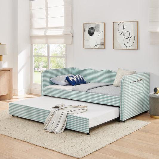Twin‑Size Daybed, Gingham Upholstered 3‑in‑1 Versatile Convertible Sofa Bed with Pull‑Out Trundle & Side Storage Pockets, Ideal for Multiple Room Layouts and Small‑Space Living-CYAN image 1