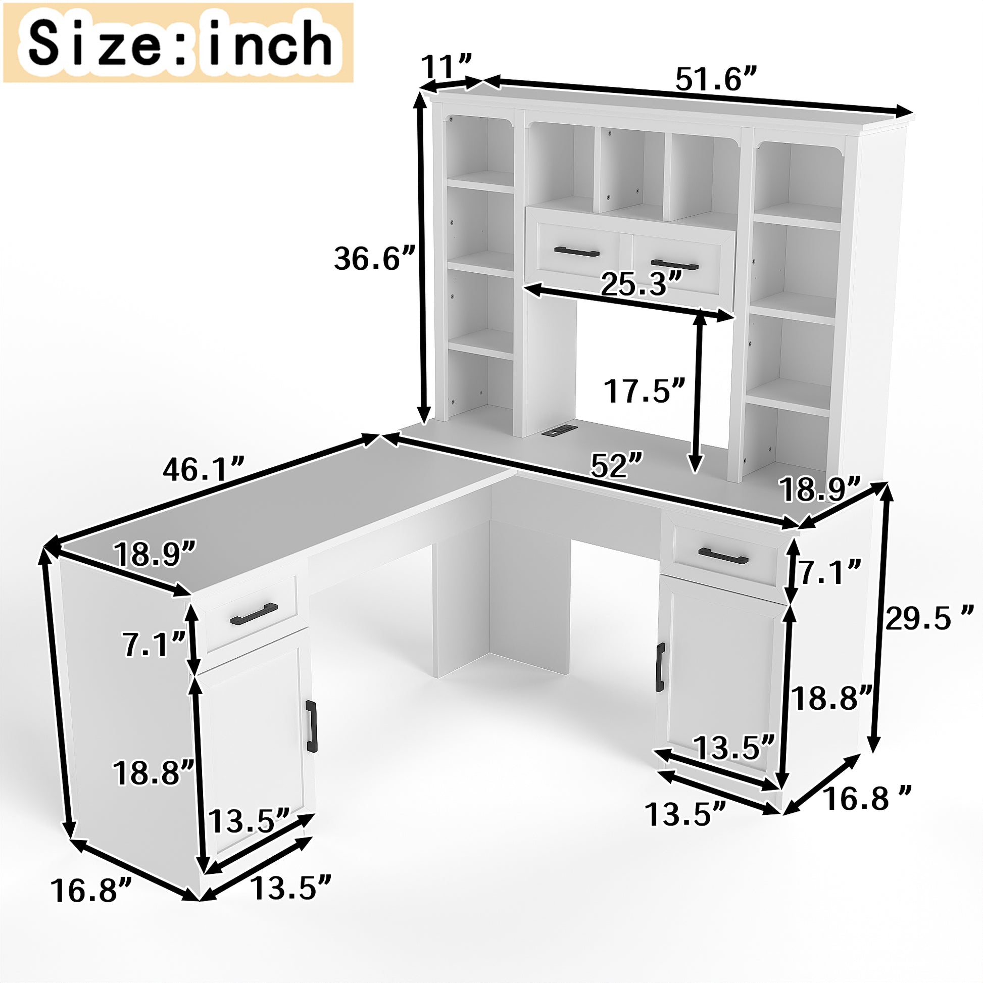 L-Shaped Computer Desk with 2 Cabinets and 2 Drawers, 11 Open Shelves and 1 Right Flip Shelf with Storage, with Power Outlet, for Study, Living Room and Office, White image 3
