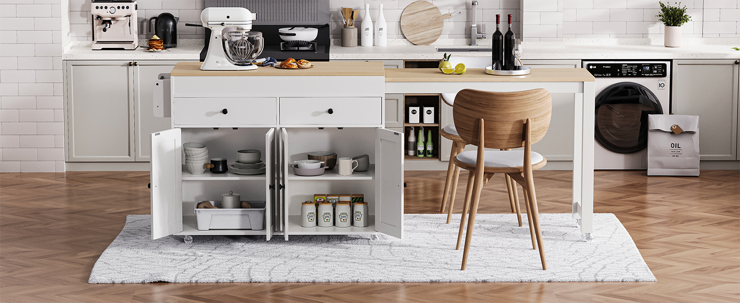 K&K 74.5 inch Kitchen Island with Extendable Dining Table, Rolling Kitchen Island on Wheels with Spice Rack and 2 Drawers, 4 Door Cabinet, for Kitchen, Dining Room, White (One Package) image 4