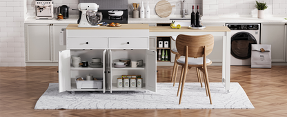 K&K 74.5 inch Kitchen Island with Extendable Dining Table, Rolling Kitchen Island on Wheels with Spice Rack and 2 Drawers, 4 Door Cabinet, for Kitchen, Dining Room, White (One Package) image 4