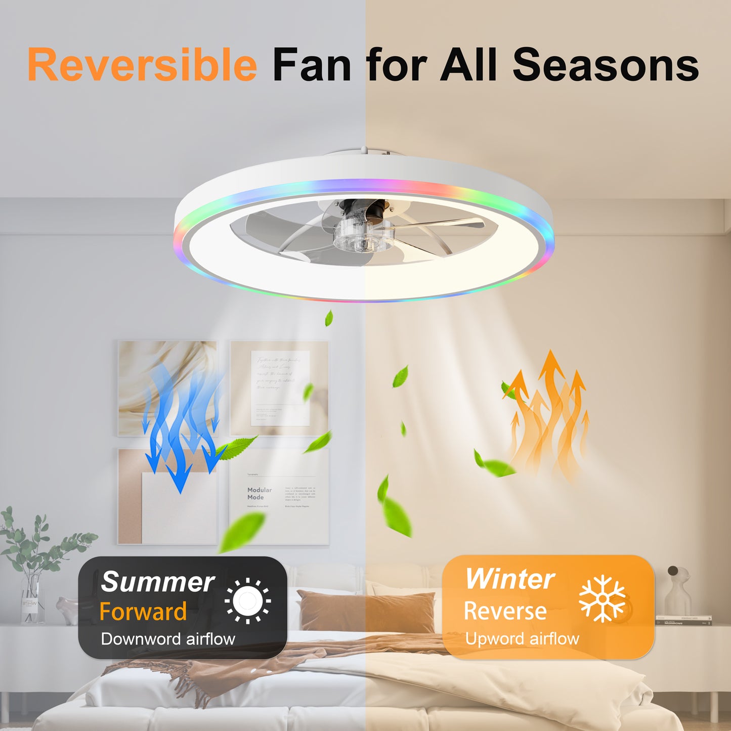 23.6" Modern RGB Ceiling Fan with Lights, Flush Mount Low Profile Fan with Remote & APP, 6-Speed Reversible Silent DC Motor, Dimmable 3000-6500K LED for Bedroom, White image 6