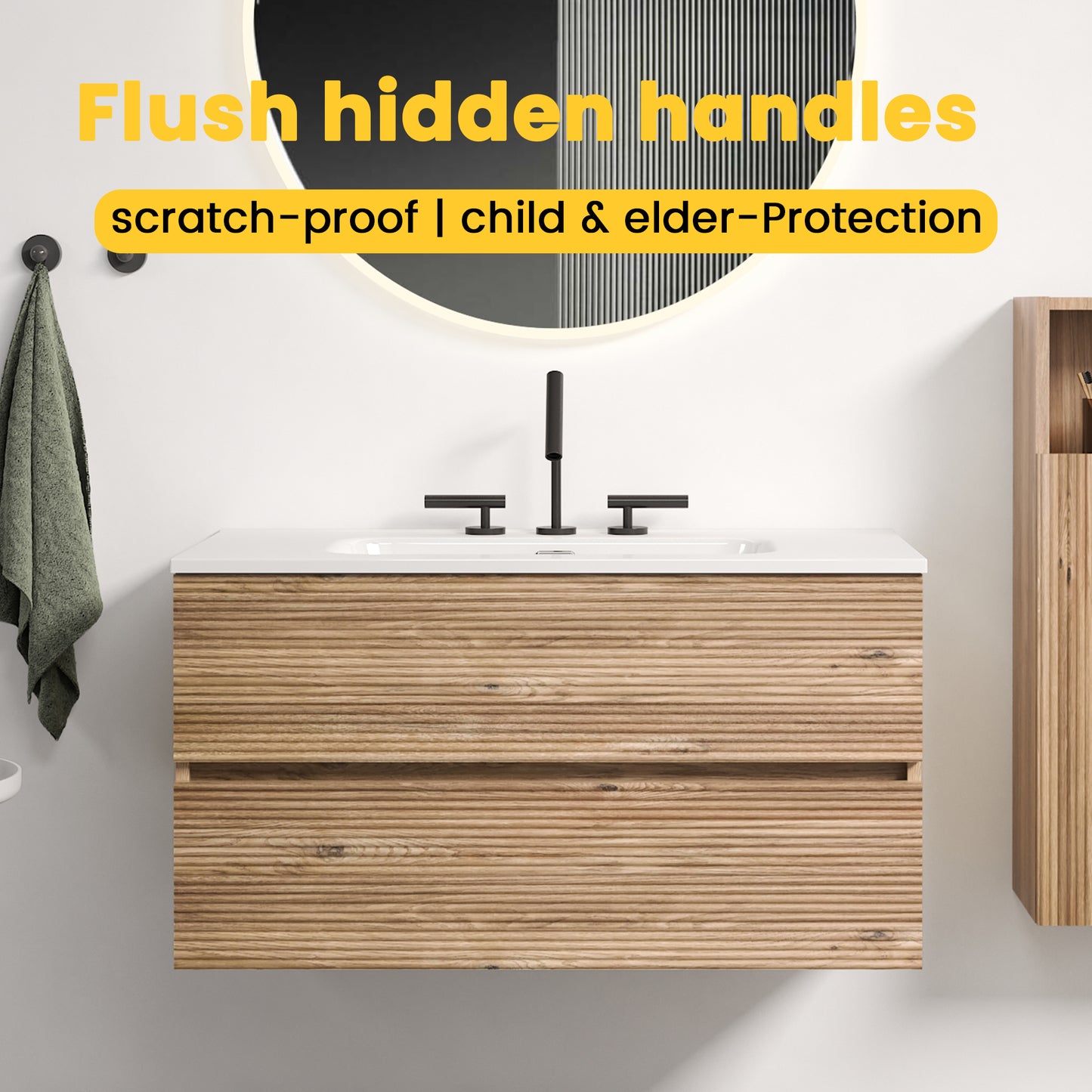 Gloria 36" Wall Mounted Rough Oak&Rough Oak Bathroom Vanity with Integrated Ceramic Sink with Overflow, with 3 holes, Large Storage Floating Bathroom Vanity for Modern Bathroom, KD image 3