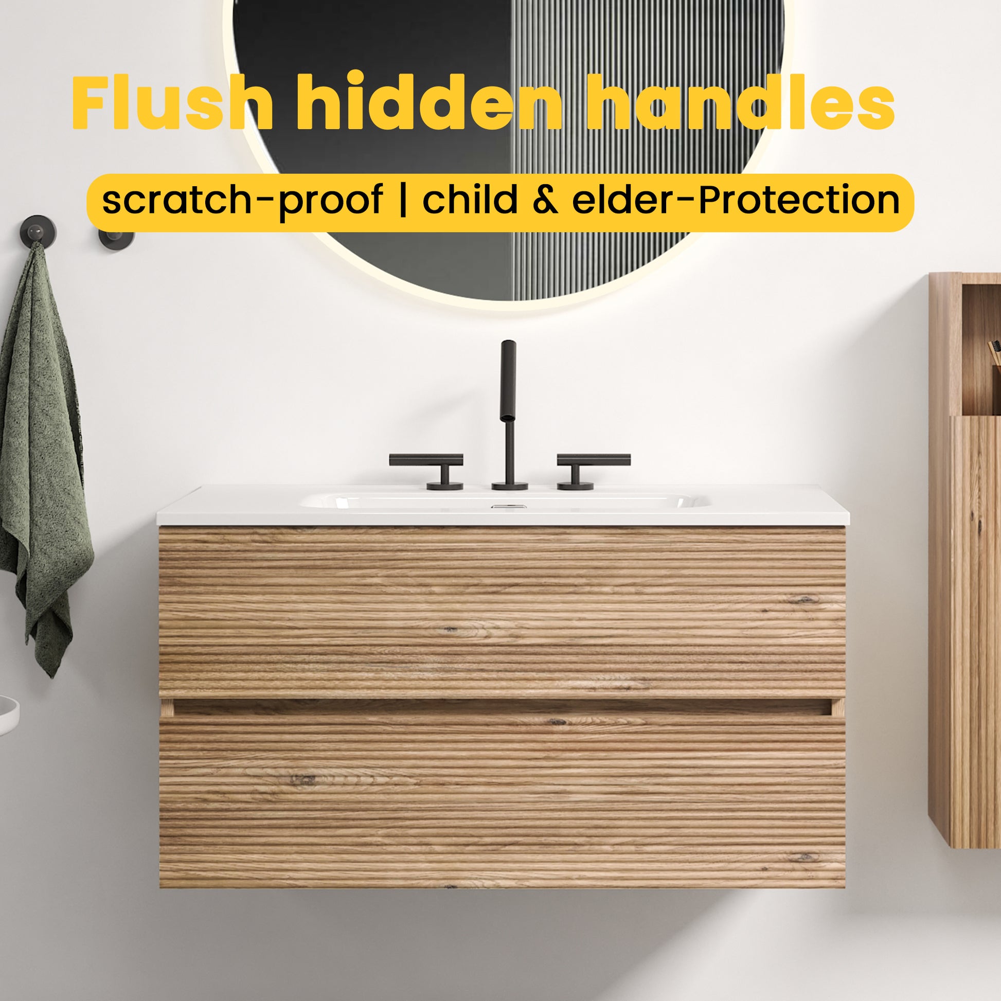 Gloria 36" Wall Mounted Rough Oak&Rough Oak Bathroom Vanity with Integrated Ceramic Sink with Overflow, with 3 holes, Large Storage Floating Bathroom Vanity for Modern Bathroom, KD image 3