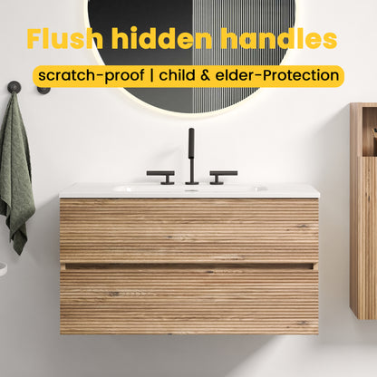 Gloria 36" Wall Mounted Rough Oak&Rough Oak Bathroom Vanity with Integrated Ceramic Sink with Overflow, with 3 holes, Large Storage Floating Bathroom Vanity for Modern Bathroom, KD image 3