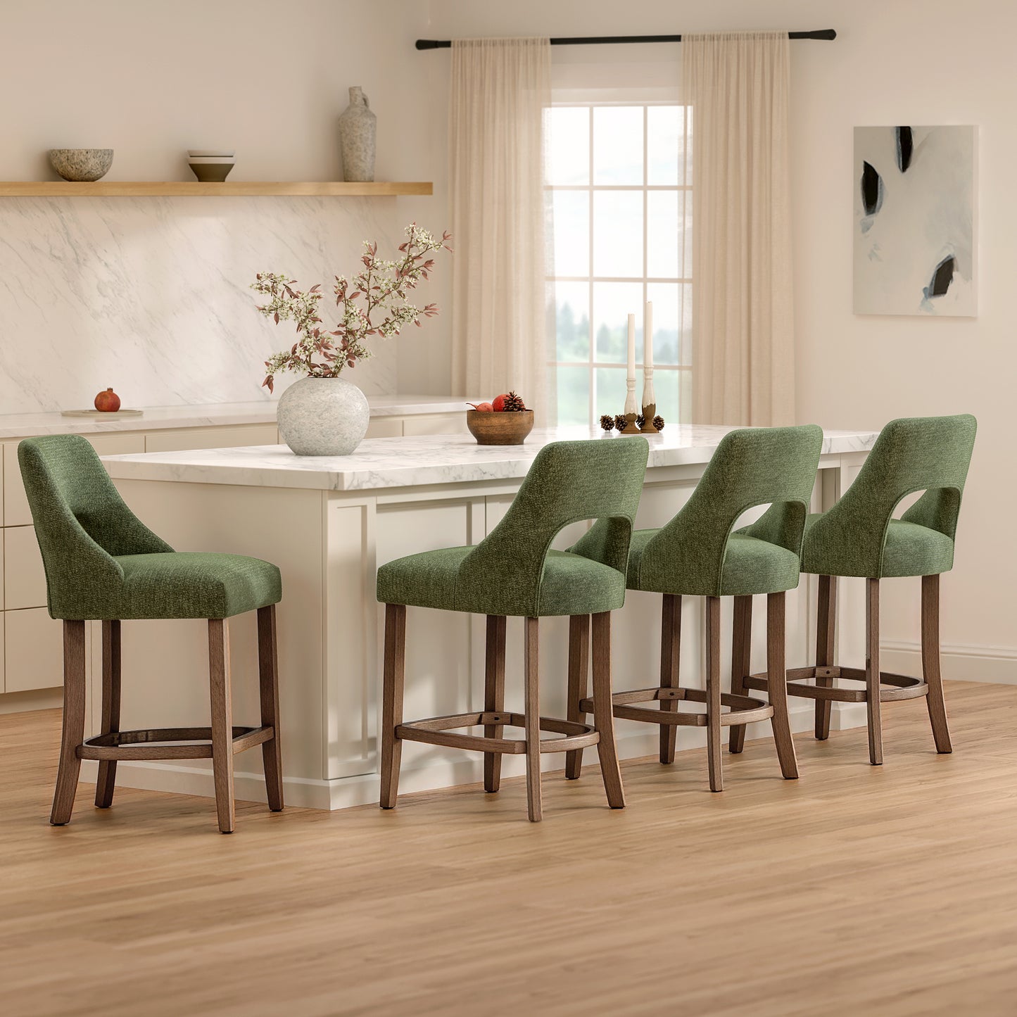 Bar Stools Set of 2, Upholstered Counter Height Bar Stools, Modern Counter Stools with Wood Legs for Kitchen Island Dining Room Bar, Green image 2