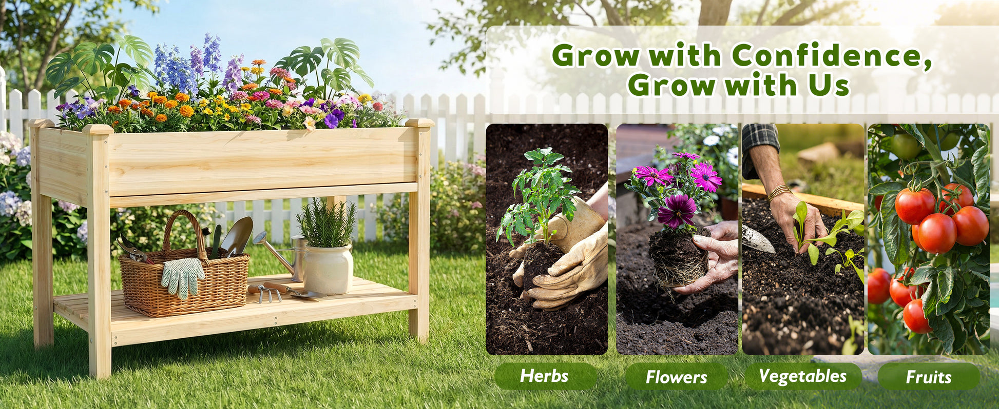 Raised Garden Bed 48x23x31.1-inch Elevated Wood Planter with Water Collection Tray, Storage Shelf, Protective Liner image 4
