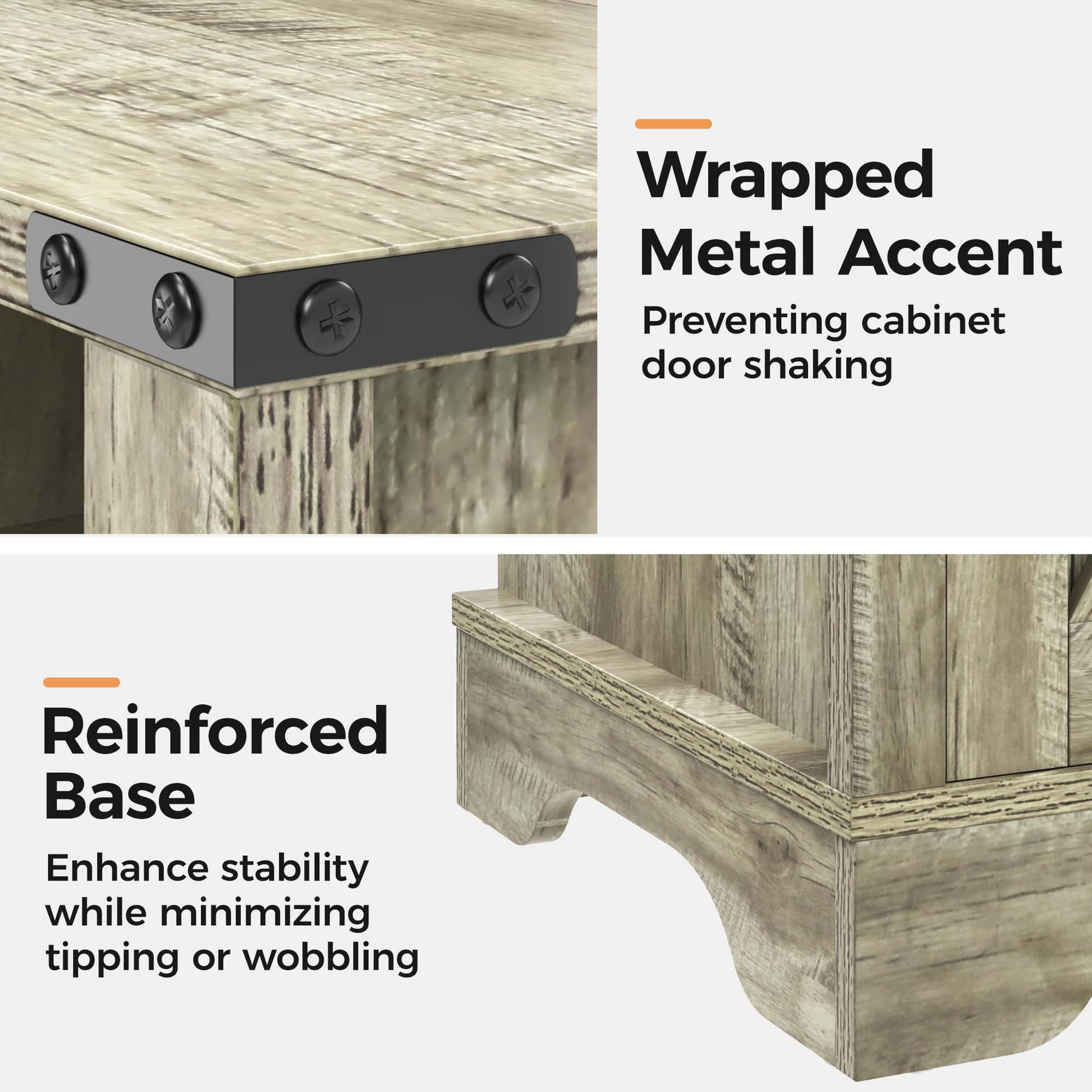 Farmhouse End Table with Charging Station Wooden Rustic Nightstands with Storage Cabinet and Shelf for Bedroom, Living Room, Living Room, Warm Grey image 4