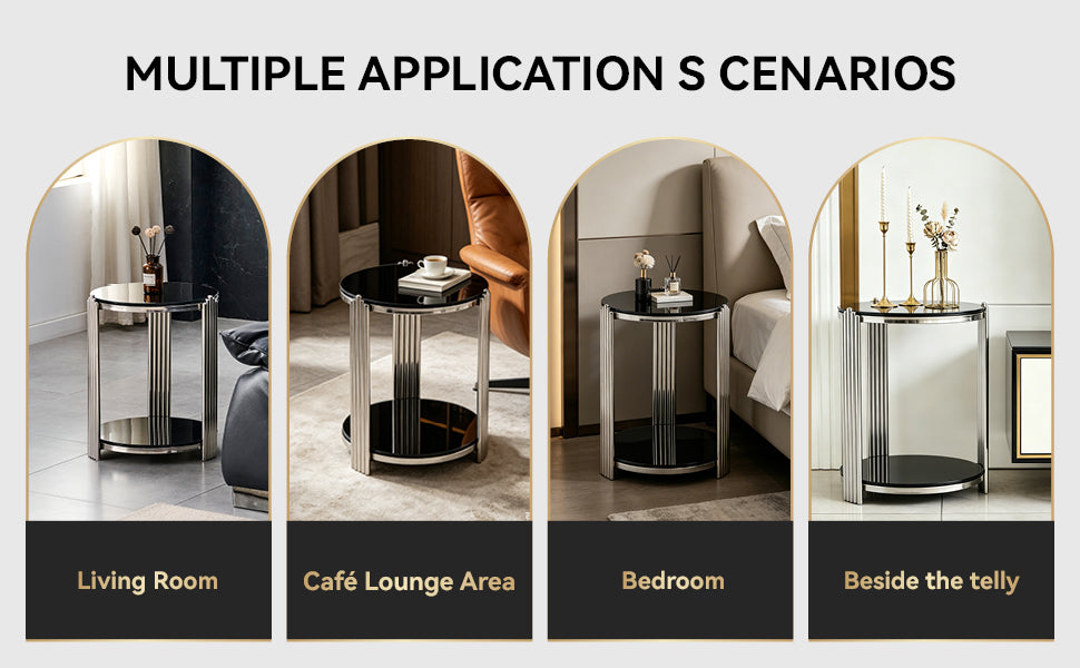 16.90 Inch Modern End Table, Bedside Table,Double-Layer Tempered Black Glass & Silver Stainless Steel Frame Living Room Table, Round Table,Easy Assembly. image 12
