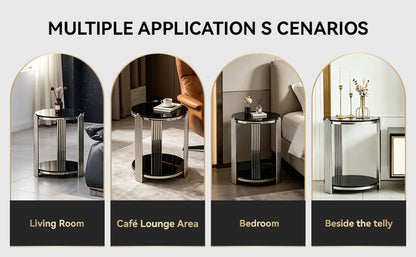 16.90 Inch Modern End Table, Bedside Table,Double-Layer Tempered Black Glass & Silver Stainless Steel Frame Living Room Table, Round Table,Easy Assembly. image 12