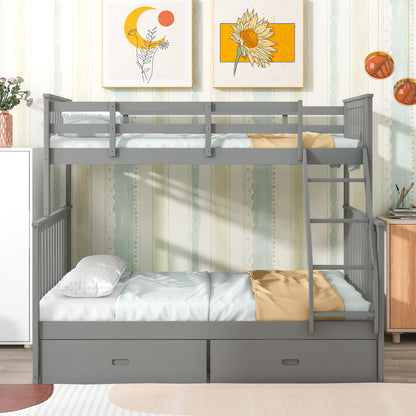 Twin Over Full Bunk Bed with Storage Drawers, Wooden Bunk Bed with Ladder and Safety Guard Rails –Gray image 1