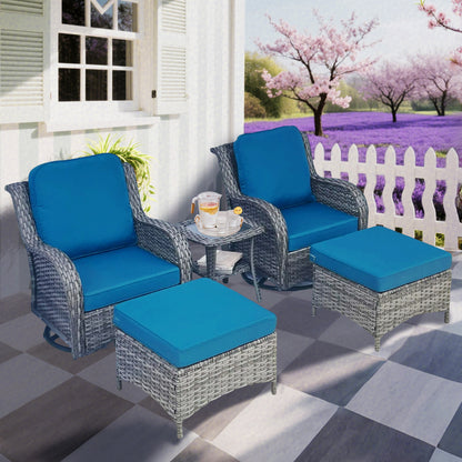 Wicker Patio Furniture Set - 5 Piece Rattan Outdoor Sectional Conversation Sets with 2 Swivel Rocking Chairs,2 Ottomans and 1 Side Table for Porch Deck Garden image 1