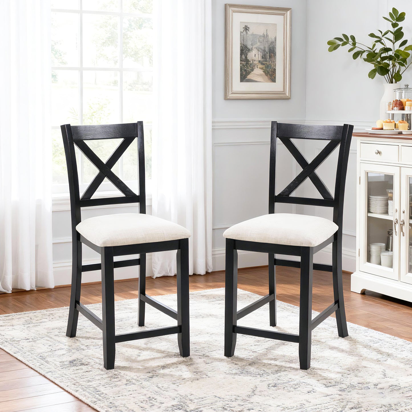 Dining Chairs Only, Wooden Counter Height Dining Chairs Set of 4, Kitchen Chair with Padded Seat, Upholstered Side Chair for Dining Room, Living Room, Kitchen, Black & Beige two tone image 3