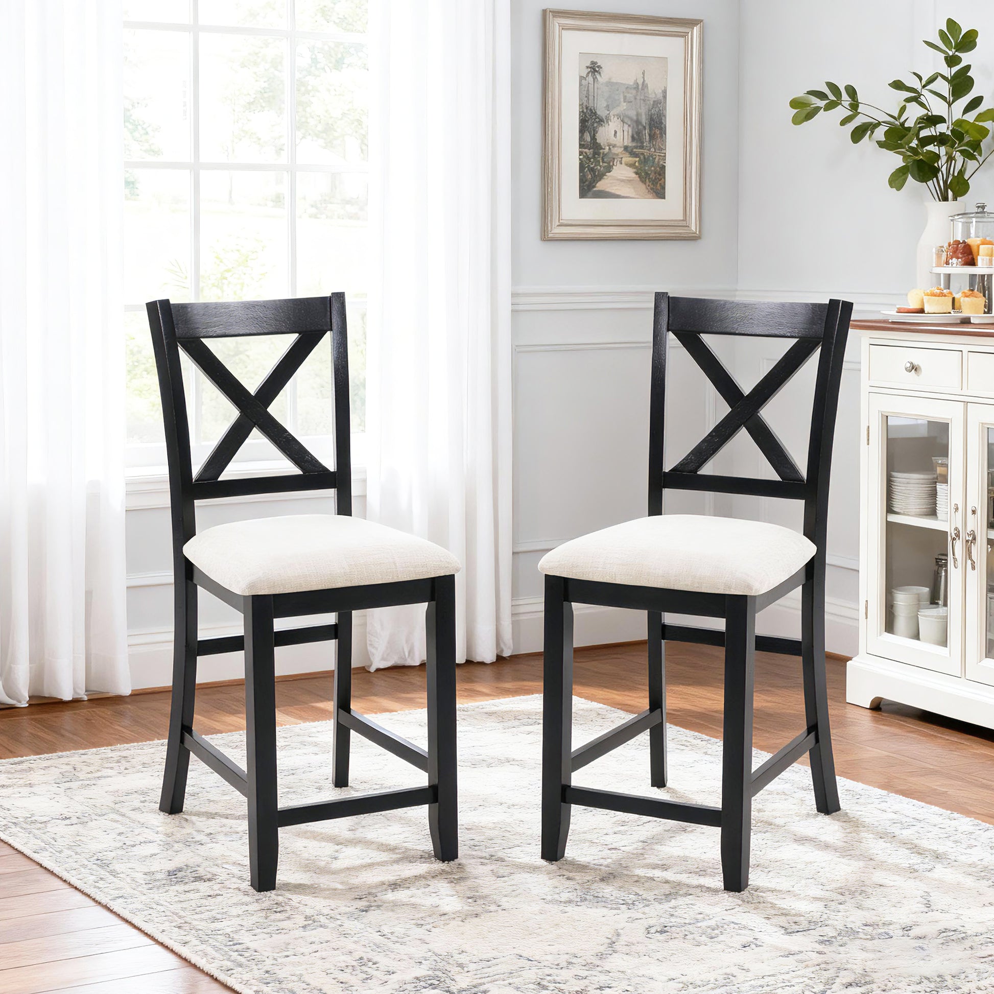 Dining Chairs Only, Wooden Counter Height Dining Chairs Set of 4, Kitchen Chair with Padded Seat, Upholstered Side Chair for Dining Room, Living Room, Kitchen, Black & Beige two tone image 3