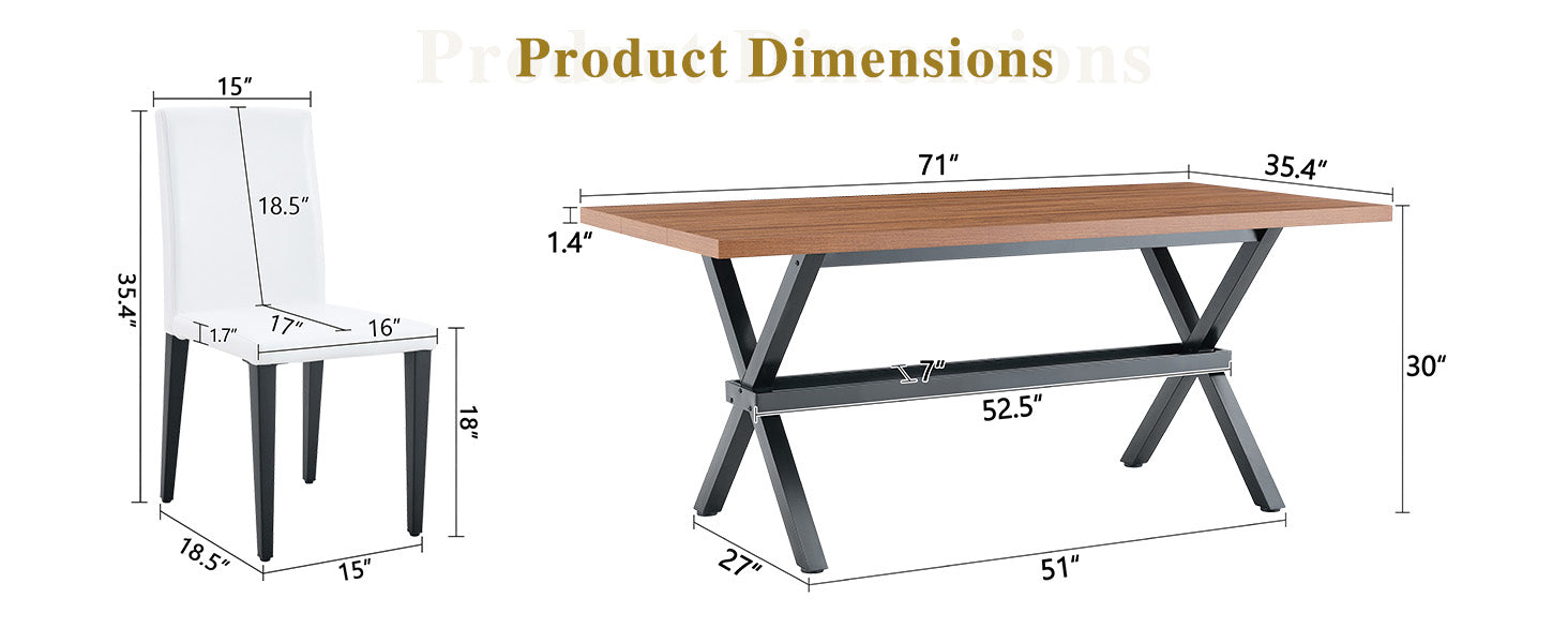 Table and chair set. 71 * 35.4 inch walnut MDF splicing desktop with X-shaped metal frame dining table.Includes 6 white PU dining chairs With Black Metal Legs.Making it an ideal choice for home. image 12