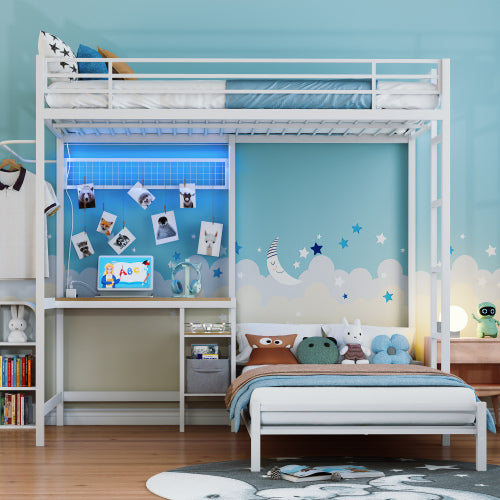 Bunk Bed with Ladder and high Guardrail, Able to Split, Metal Bunk Bed, Storage Space, Noise Free,Twin Over Twin Size,White image 1
