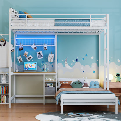 Bunk Bed with Ladder and high Guardrail, Able to Split, Metal Bunk Bed, Storage Space, Noise Free,Twin Over Twin Size,White image 1