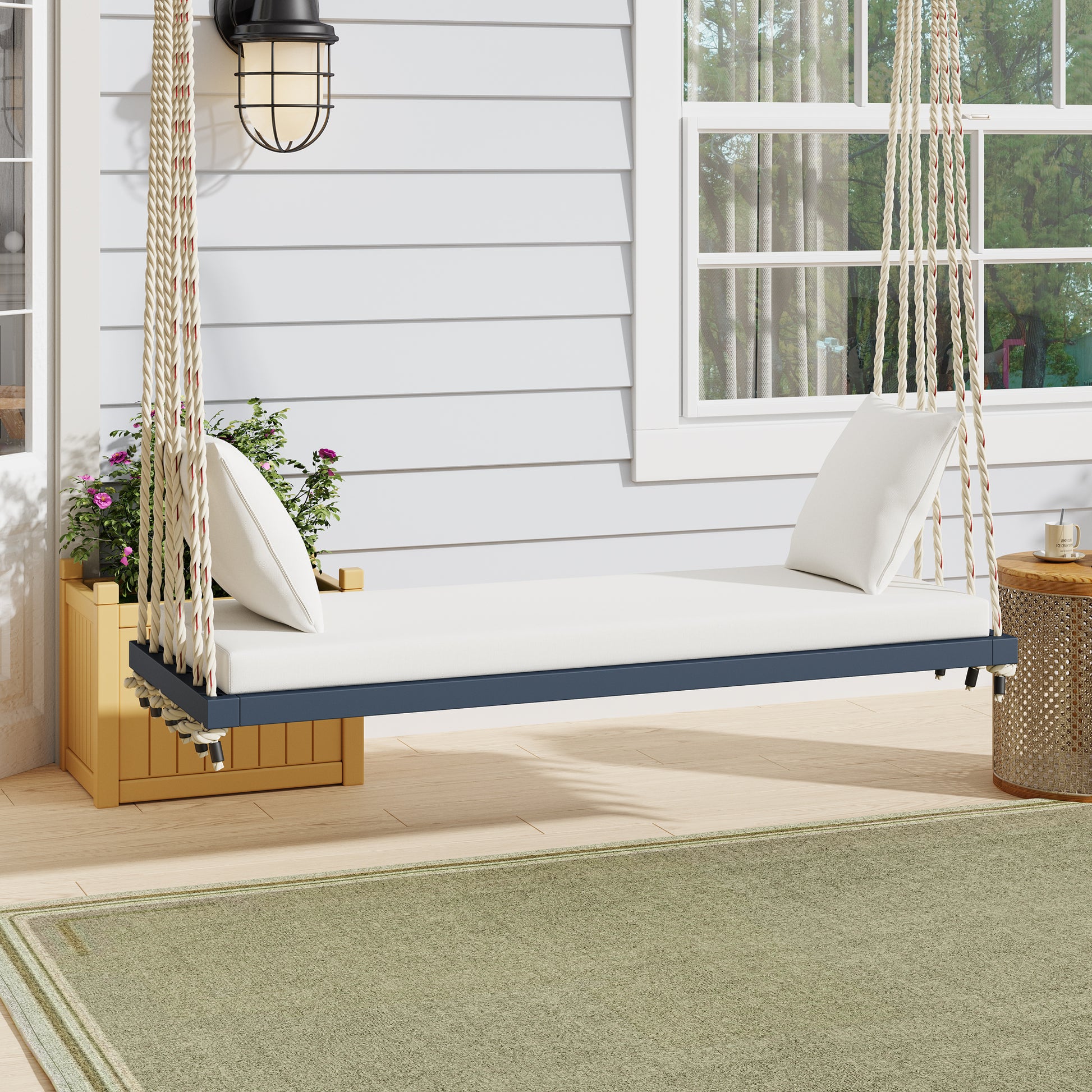 TOPMAX Patio Wooden Swing Chair, Hanging Porch Swing Bench with Cushion&Pillows, 10.8Ft Hemp Ropes for Garden,Backyard, Lawn,Gray image 1