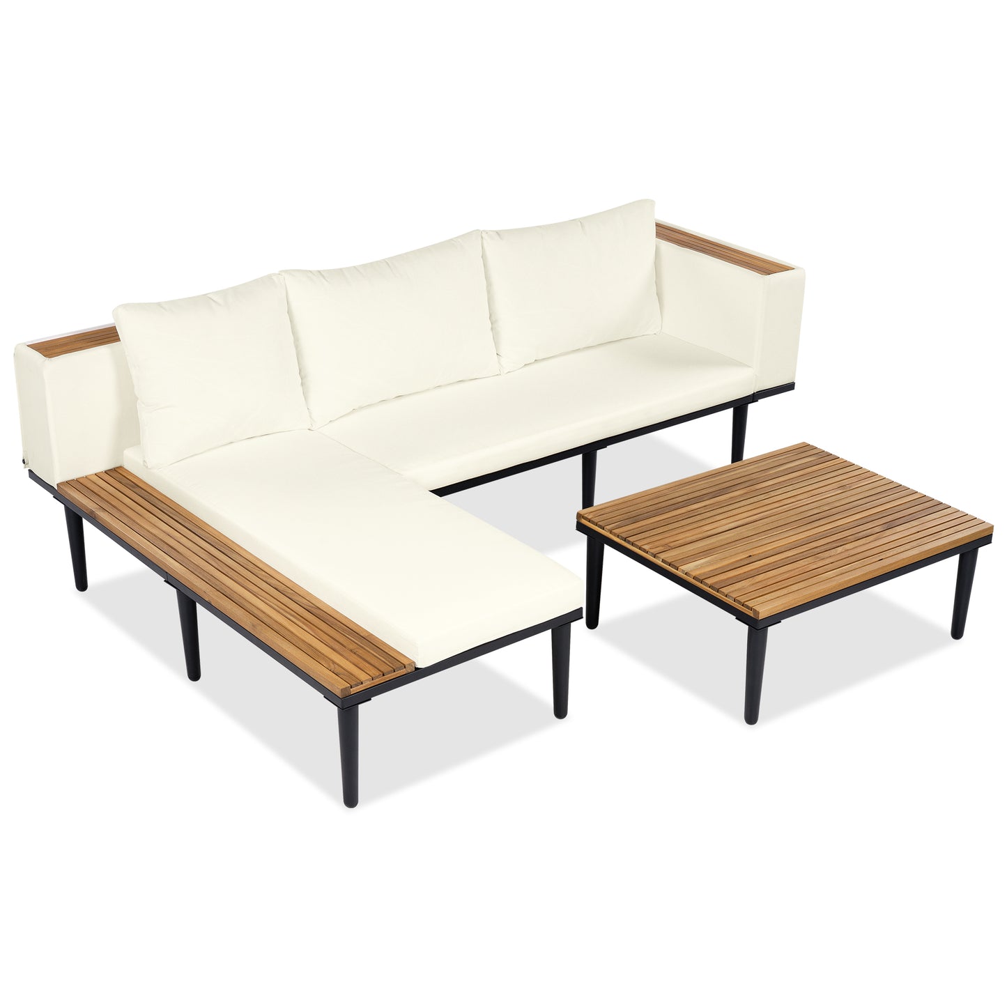 <Old SKU: N704G201251A>Luxury Patio Furniture Set with Removable Cushions and Coffee Table, L-Shaped Acacia Wood Sofa with Side table, Outdoor Conversation Sectional Sofa for Backyard, Porch, Beige image 7