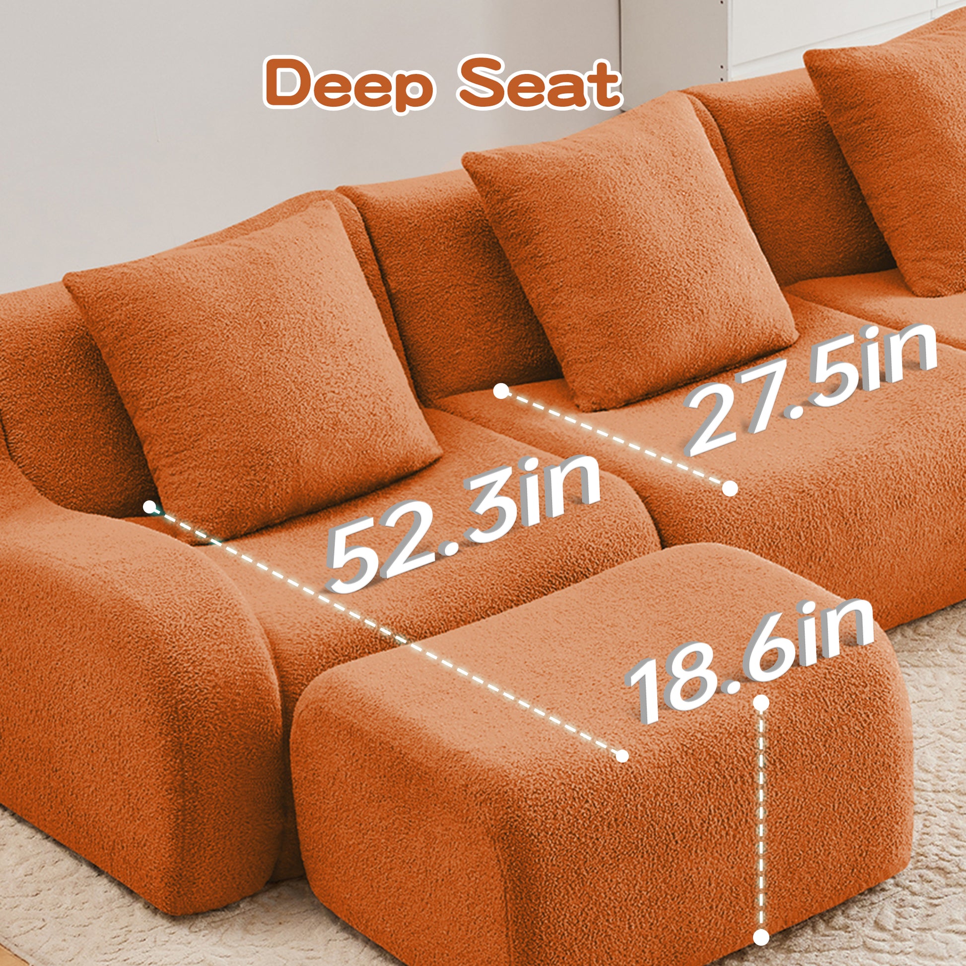 Boneless Sofa,3 Seat High-Quality Teddy Fabric,Anti-Slip Design,No Assembly Curved Armrests Streamlined Design,Assembly Chaise 32D High Density Sponge For Living Rooms Bedrooms,Orange image 11