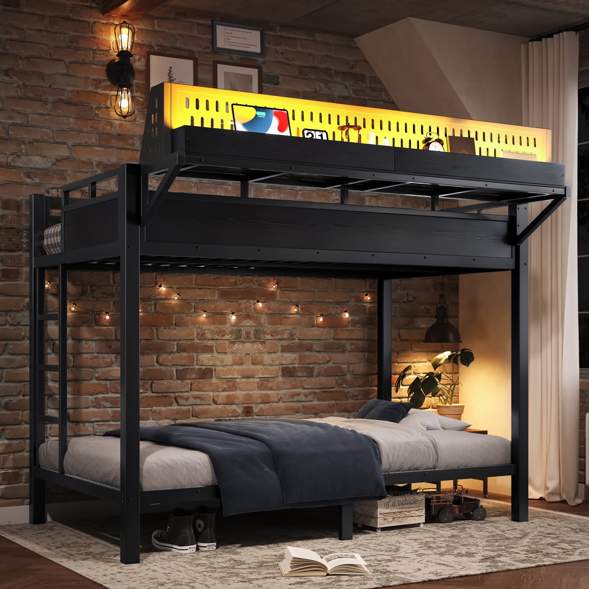 Twin XL over Twin XL Size Metal Bunk Bed with Storage Shelves and Pegboard, Bunk Bed Frame with USB Ports and LED Lights, Space-Saving, for Teens and Adults, Black image 2