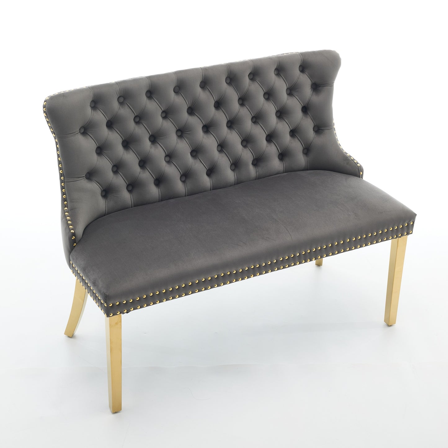 Velvet Double Dining Loveseat Bench, Kitchen & Dining Seating, 2-Seat Tufted Bench w/Handmade Buttons, Wing Back, Gold-Plated Steel Legs, Mid Century Modern,Single Pack,Gray,SW1602GY image 4