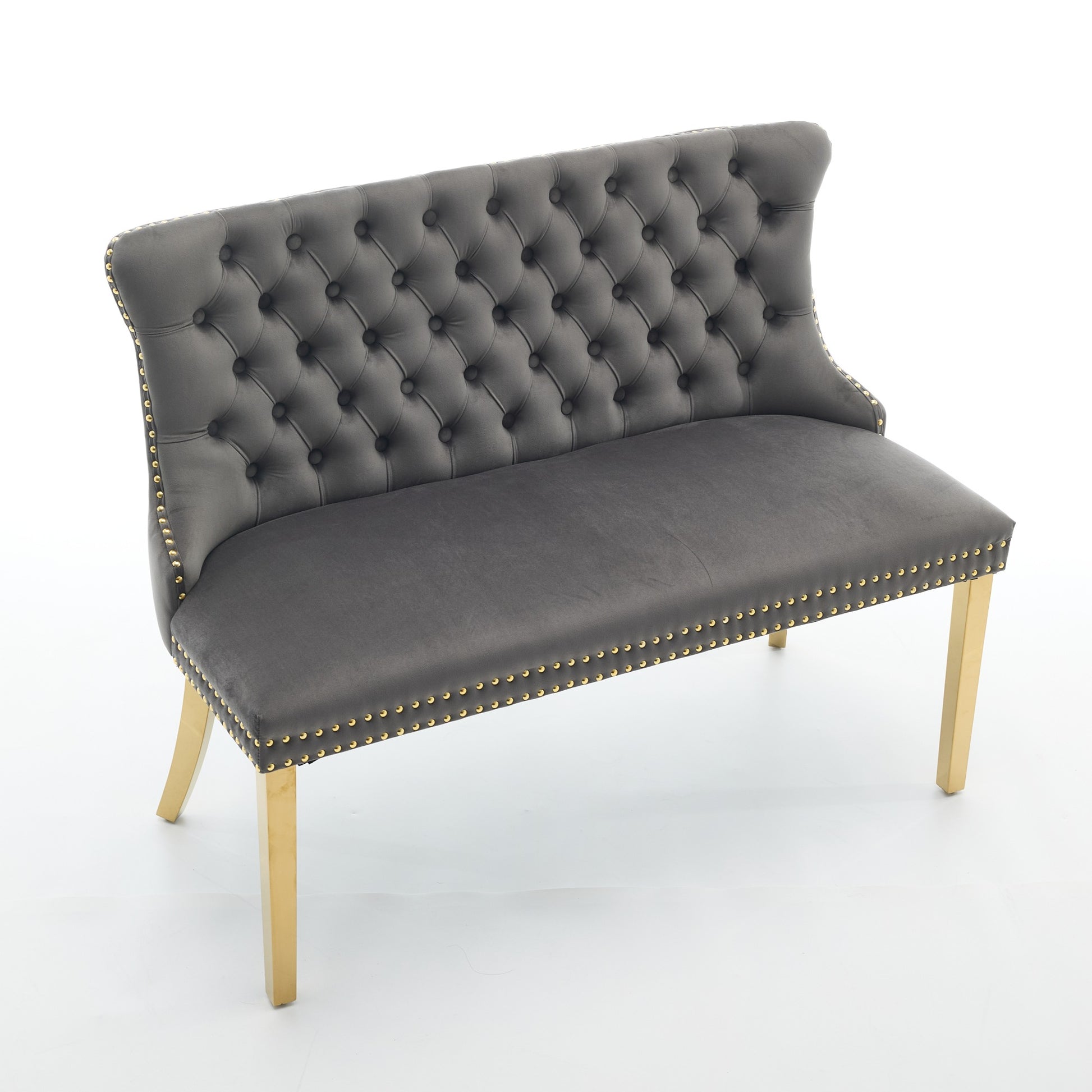 Velvet Double Dining Loveseat Bench, Kitchen & Dining Seating, 2-Seat Tufted Bench w/Handmade Buttons, Wing Back, Gold-Plated Steel Legs, Mid Century Modern,Single Pack,Gray,SW1602GY image 4