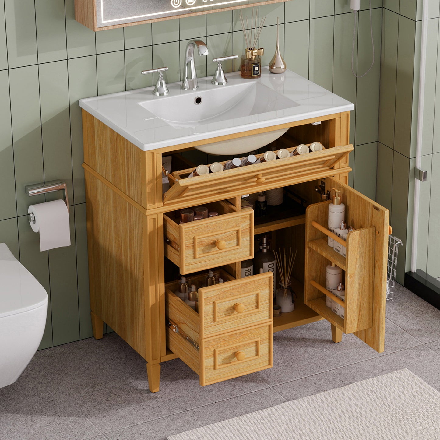30" Bathroom Vanity with Sink, Wood Vanity Cabinet with Flip-Out Drawer, 2 Soft-Close Drawers, 1 Soft-Close Door, Solid Wood & MDF, Elegant Wood Handles image 3