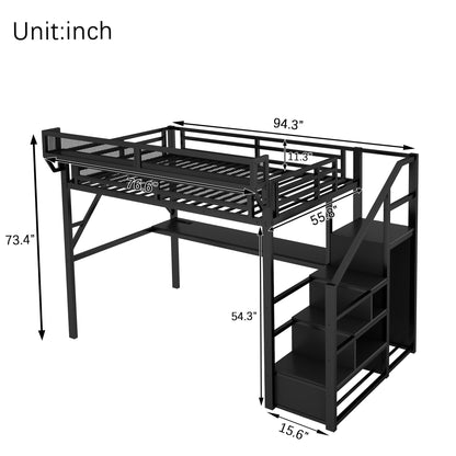 Full Loft Bed with Desk and Charging Station, Full Size Metal Loft Bed with Stairs and Light for Kids Teens, Black image 7