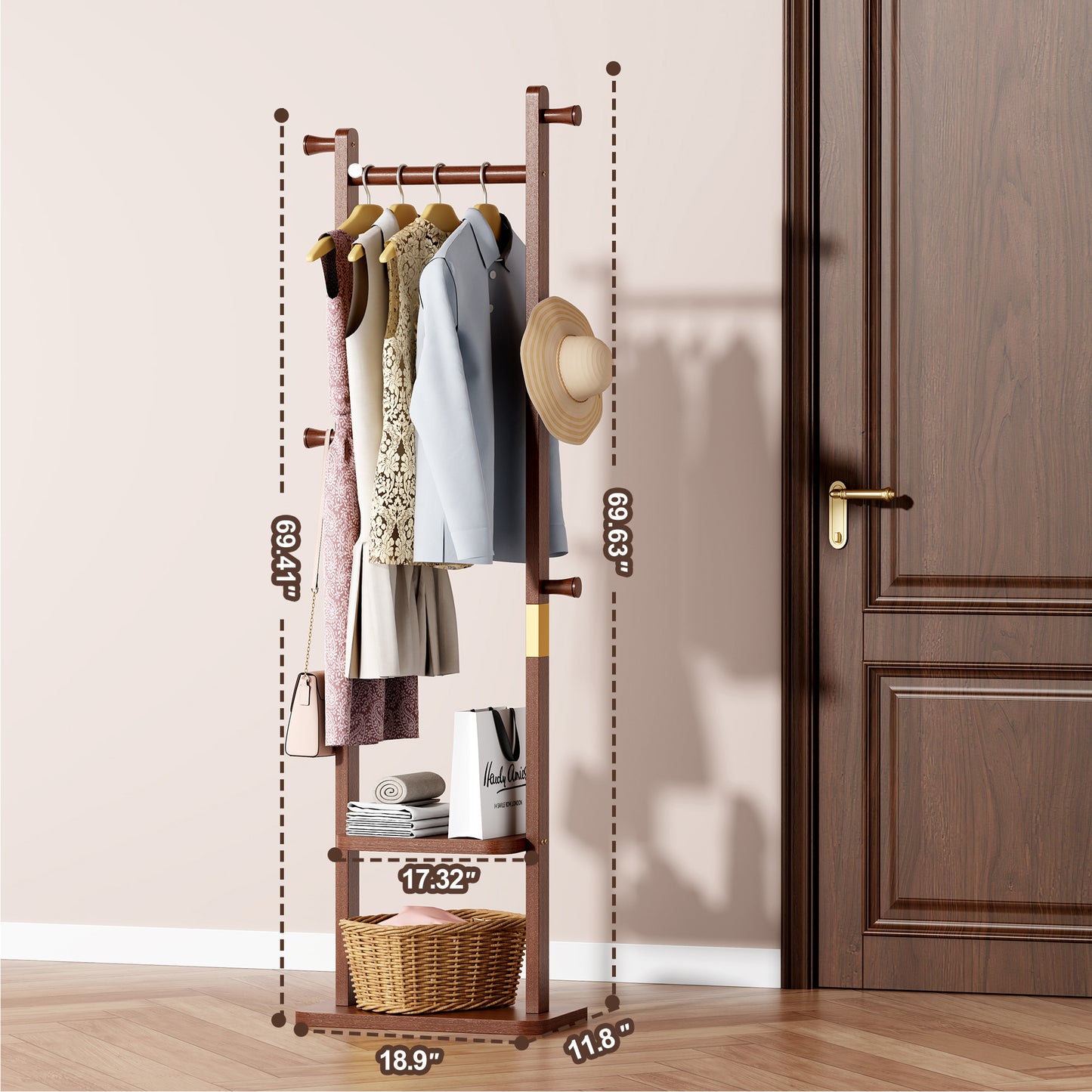 Coat Racks solid wood hanger 23.6* 11*70.8in Solid environmental protection easy to assemble beautiful can be placed in the bedroom/entrance/living room (Walnut) image 5