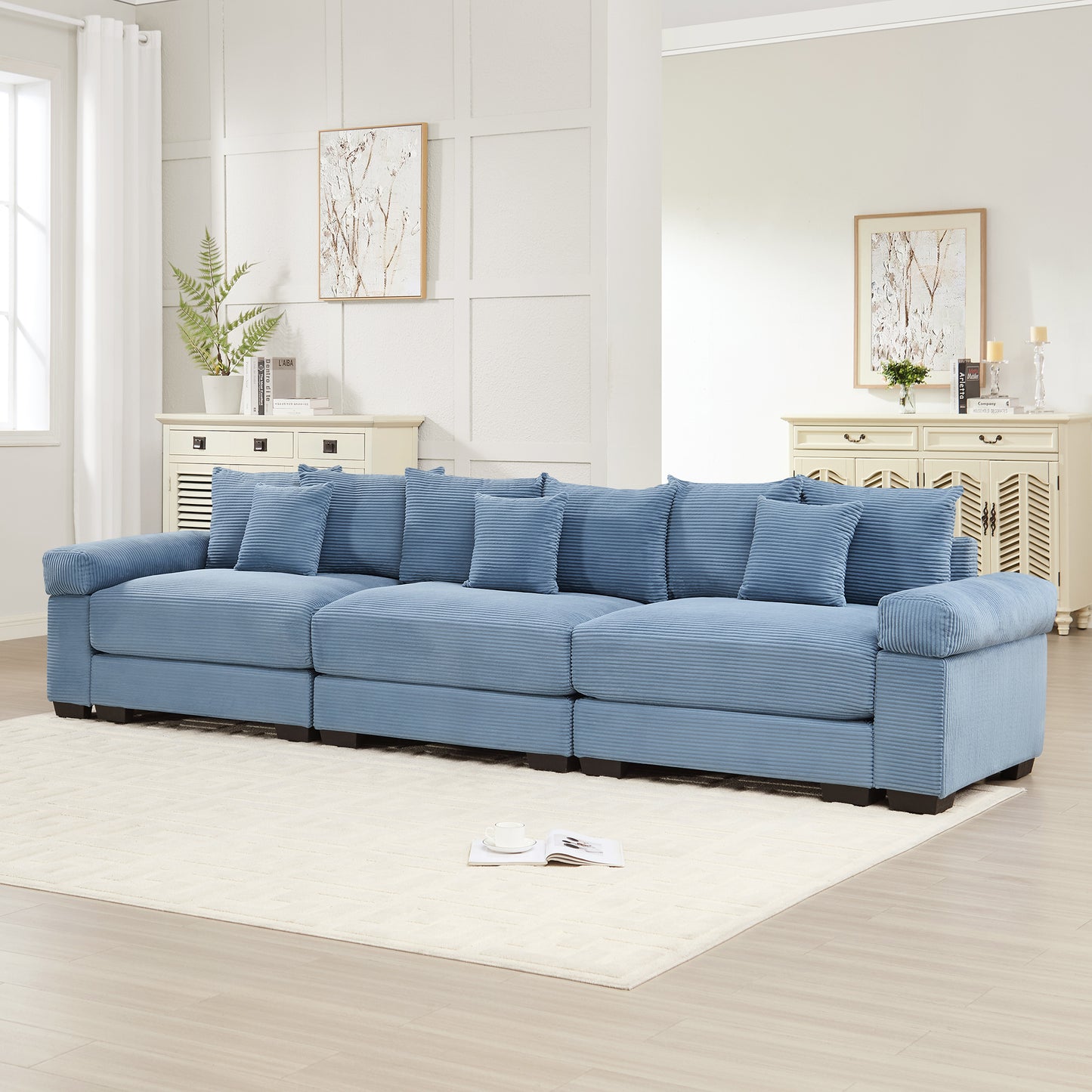 130" Oversized Cloud Modular Sectional Couch,Premium Corduroy 3-Seater Sofa Extra-Thick Armrests Good Resilience Cushion Ergonomic Design,Easy Assembly Suitable For Living Rooms Studies,Blue image 2