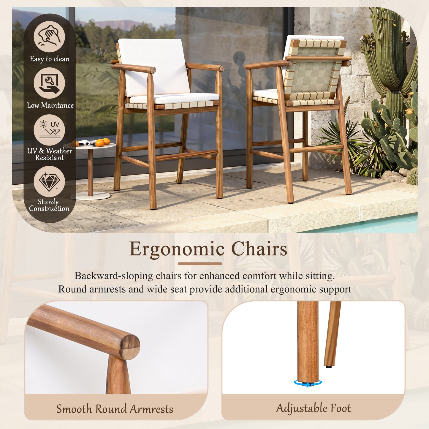 Outdoor Counter Height Bar Stools Chair Set of 2, Modern Patio Acacia Wooden Stools with Backrest Arm and Webbing Seat, for Patio, Pool, Garden, Beige Cushions Included image 3