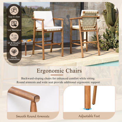 Outdoor Counter Height Bar Stools Chair Set of 2, Modern Patio Acacia Wooden Stools with Backrest Arm and Webbing Seat, for Patio, Pool, Garden, Beige Cushions Included image 3