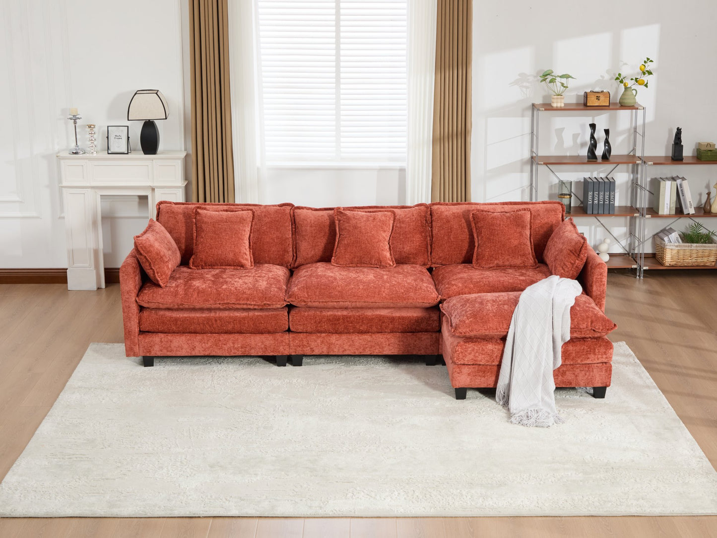 Cloud Sofa 3 Seats (Ottoman is not included), Modern Sectional Couch, for Living Room Bedroom and Apartment, Comfy Double Layer Upholstered Seat Cushion, Breathable Chenille Fabric,Orange,SS5013OG image 12