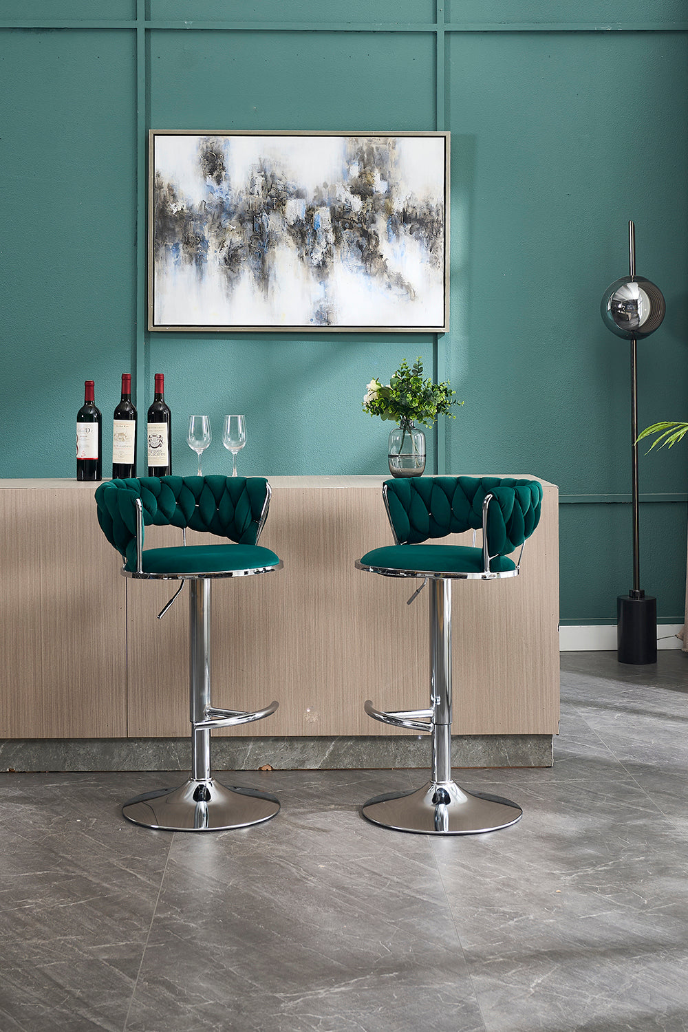 Set of 2 Bar Stools,with Chrome Footrest and Base Swivel Height Adjustable Mechanical Lifting Velvet + Chrome Leg Simple Bar Stool-GREEN image 4