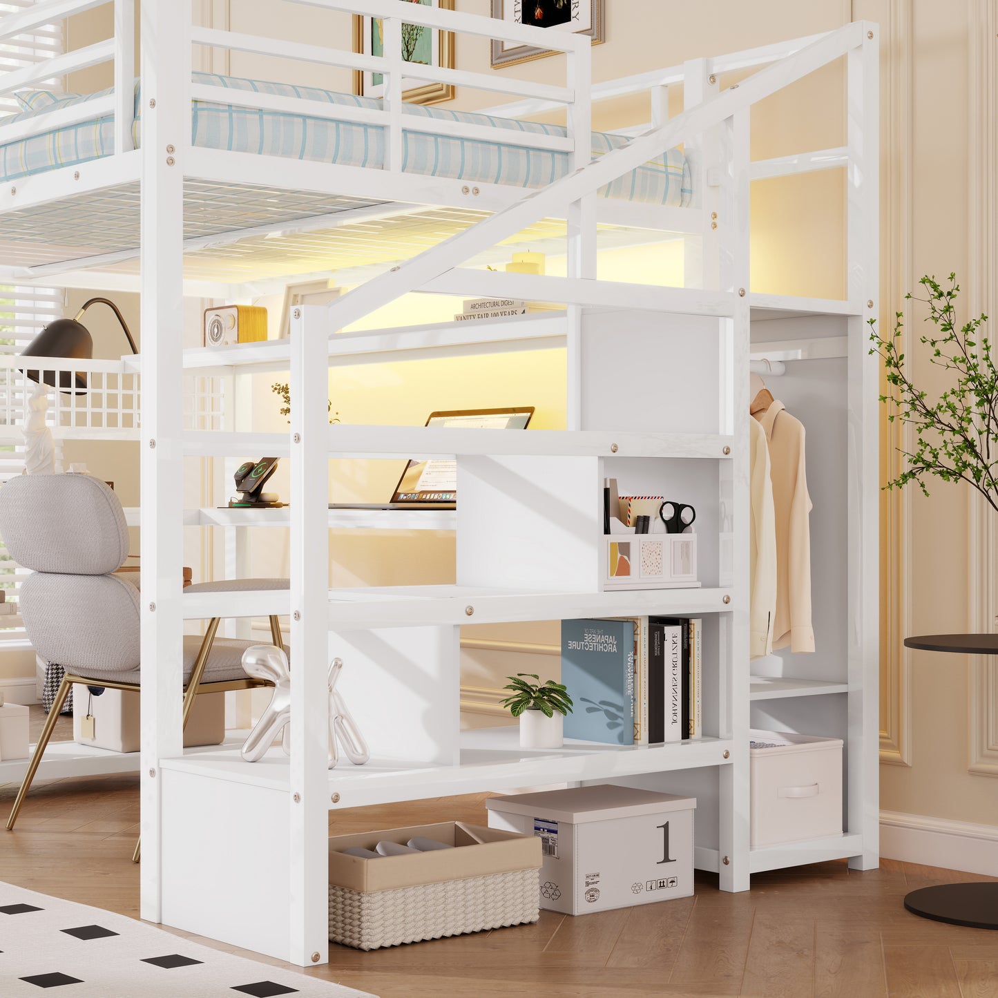Full Size Loft Bed with Staircase and Wardrobe, Metal Loft Bed with Desk, Storage Shelves, LED Lights and Charge Station,White(Expect Arrival Date 2026/5/9 Old SKUW2593S00059) image 5