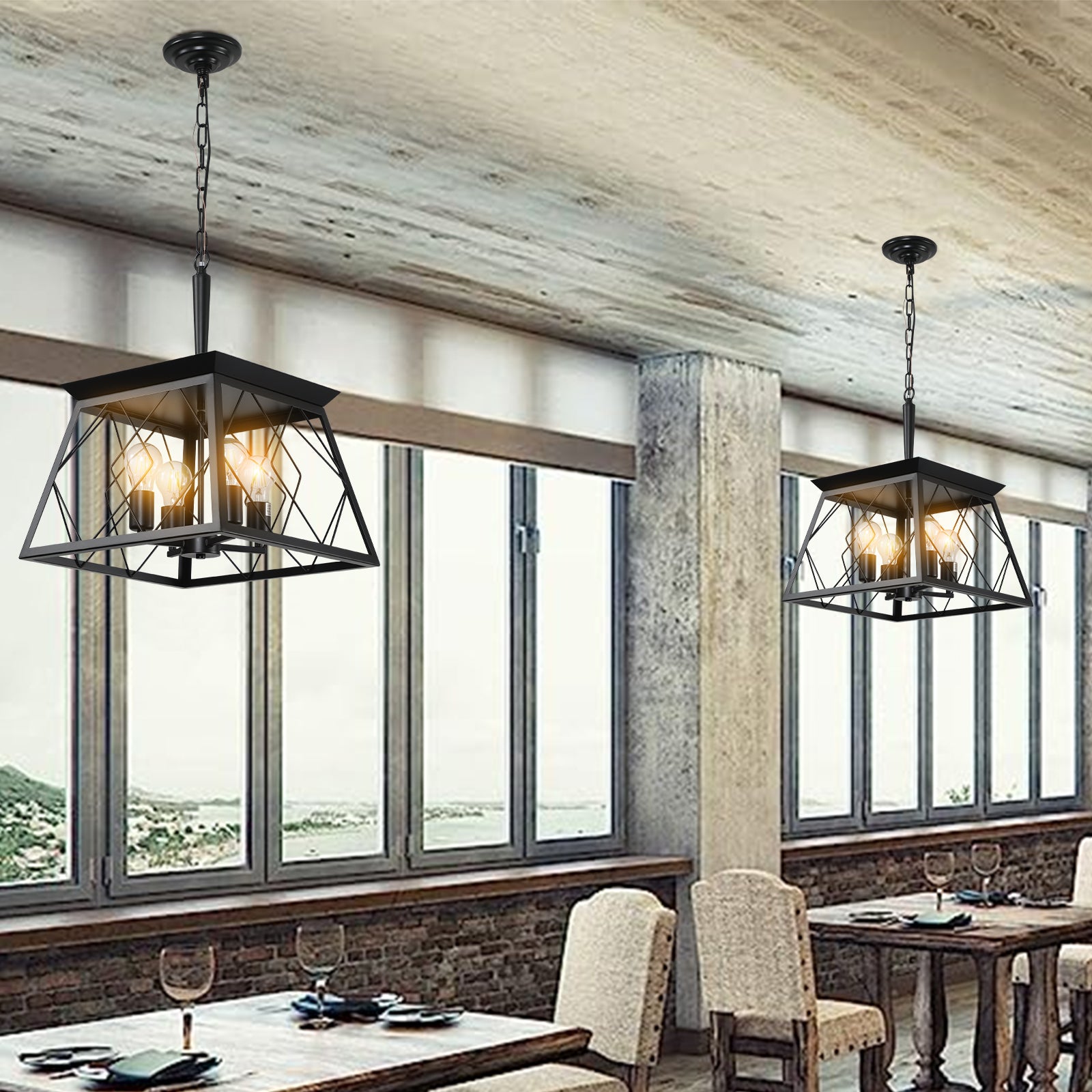 16" Black Industrial 4-Light Pendant Chandelier, Modern Metal Cage Design, Adjustable Hanging Light for Dining Room, Kitchen, Living Room (No Bulbs) image 5