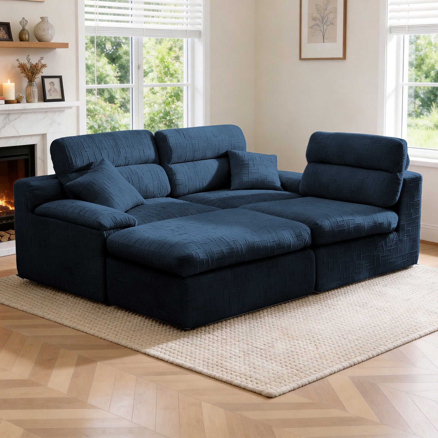 Corner Chaise Sofa with High Backrest,L-Shaped Couch with Slub Chenille Fabric, Compressed High-Density Sponge Cushion, Space-Saving No-Assembly Sofa for Living Room,Apartment(Blue) image 3