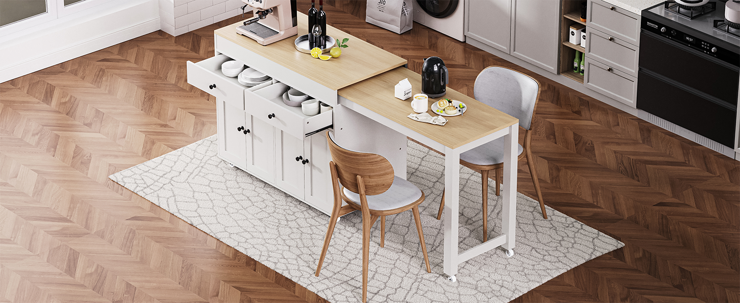K&K 74.5 inch Kitchen Island with Extendable Dining Table, Rolling Kitchen Island on Wheels with Spice Rack and 2 Drawers, 4 Door Cabinet, for Kitchen, Dining Room, White (One Package) image 5