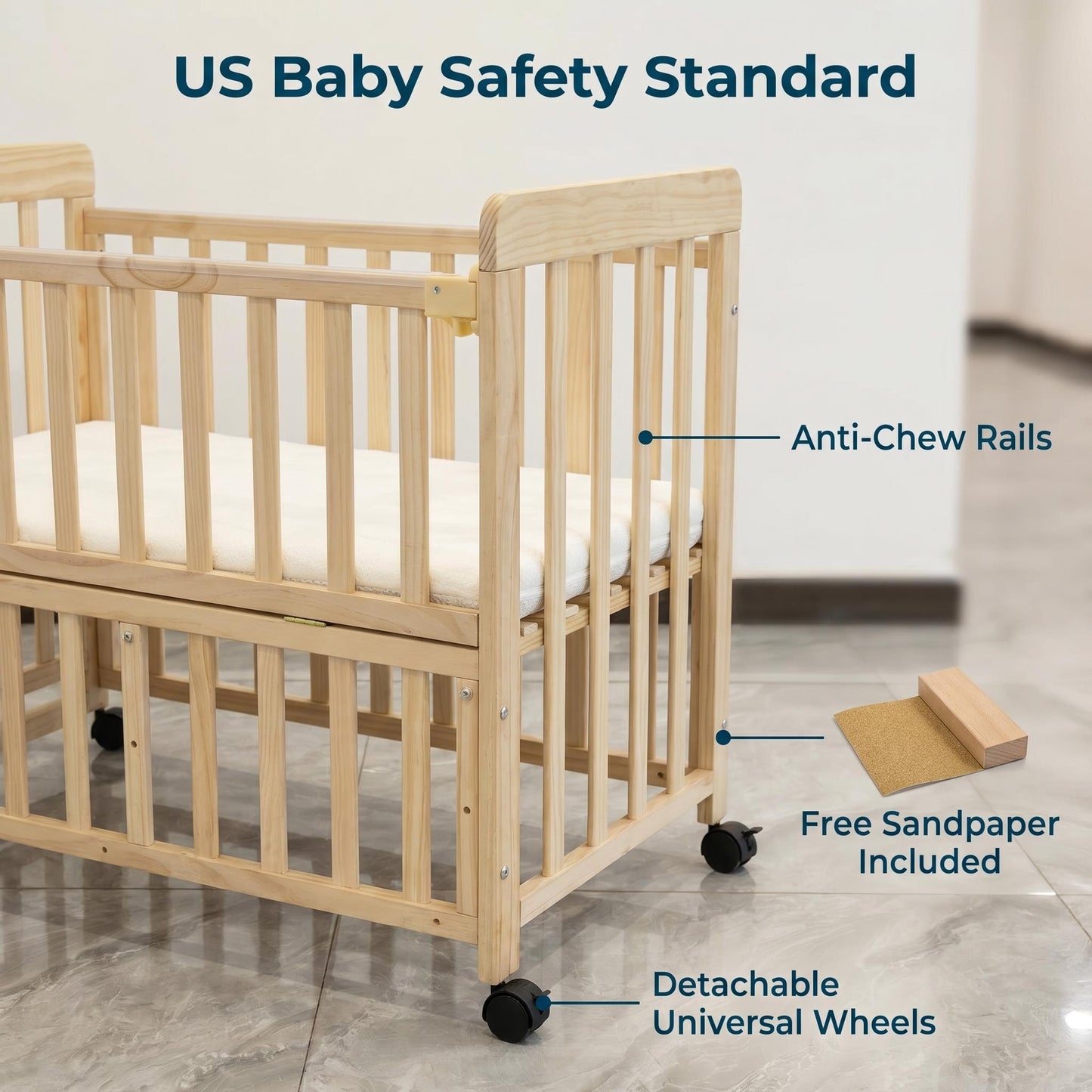 Baby Bassinets Bedside Sleeper - Portable Pine Wood Bedside Bassinet,3 Heights Small Mini Crib with Mattress 1.97 - 2.2in,Space-Saving Design Baby Crib for Newborns 0-36 Months image 11