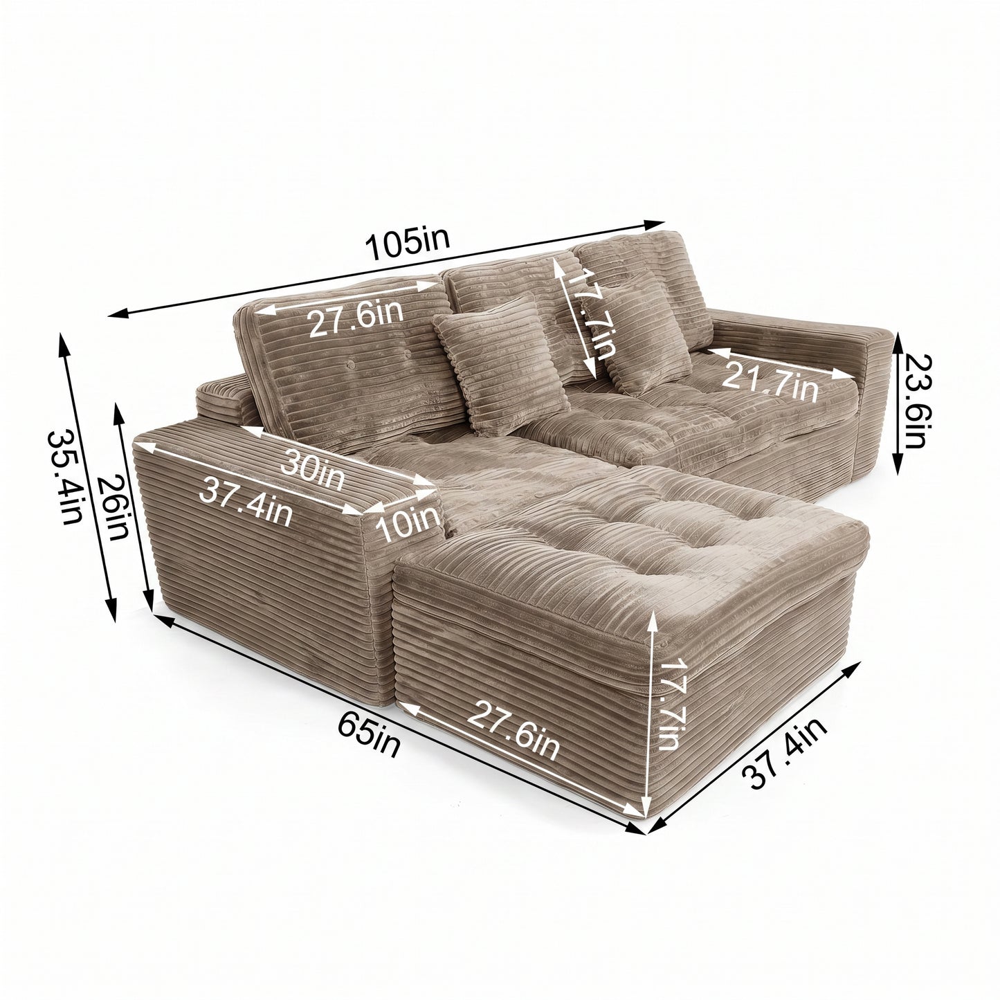 Modular Cloud Sofa Set, 105" DIY Sectional with Ottoman, Pure Foam, Faux Rabbit Fur Velvet, Comfortable Living Room Couch Khaki image 3