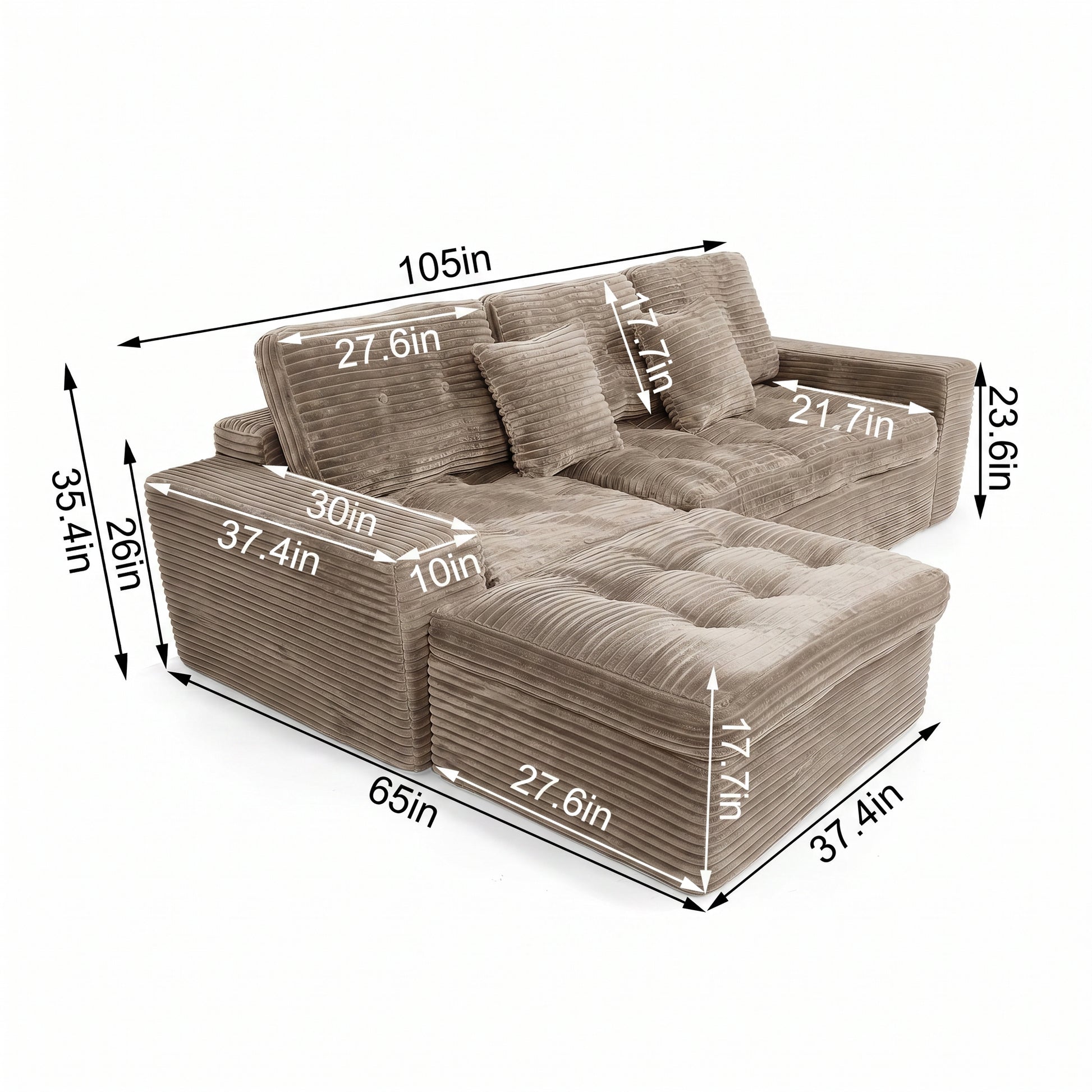 Modular Cloud Sofa Set, 105" DIY Sectional with Ottoman, Pure Foam, Faux Rabbit Fur Velvet, Comfortable Living Room Couch Khaki image 3